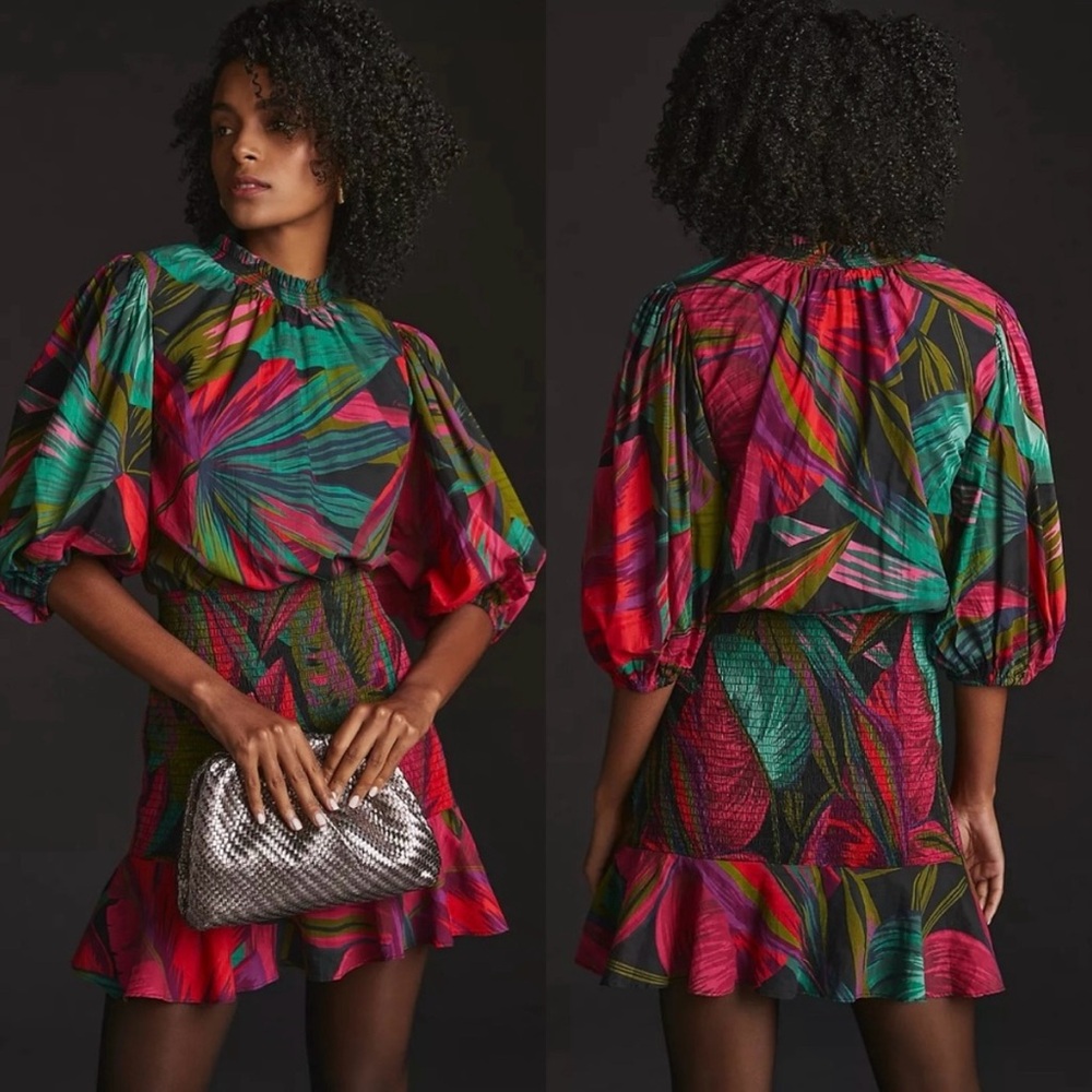 FARM Rio Pink and Blue Ruffled Tiered Mini Dress